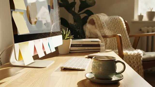 Warm sunlight illuminates a cozy home office workspace with a steaming cup of coffee next to a computer monitor covered in sticky notes, symbolizing productivity, deadlines, and time management