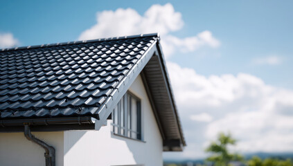 Obraz premium New house roof with dark tile shingles and rain gutter installation under bright sunny sky