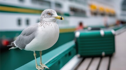 Seagull perched on railing at port with ferry in background