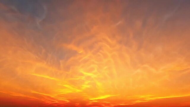 Dramatic orange sunset sky over distant city skyline, glowing cloudscape with fiery rays, serene evening mood for travel banners, summer solstice theme