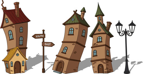 Whimsical storybook house collection featuring crooked fairy tale cottages vintage wooden street lamp and directional signpost in a charming hand drawn cartoon vector style © MdGohurul