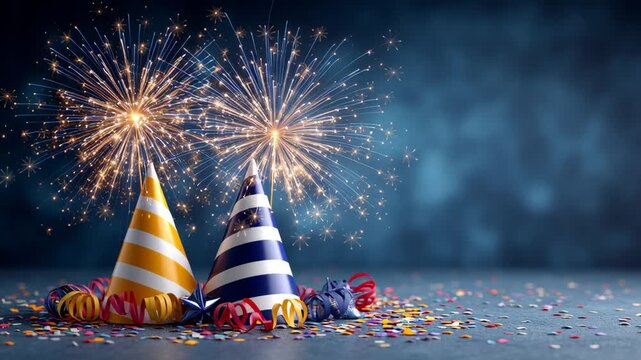 Colorful party hats with festive streamers and confetti, illuminated by sparkling fireworks in a celebratory atmosphere, creating a joyful and vibrant scene for celebrations and events