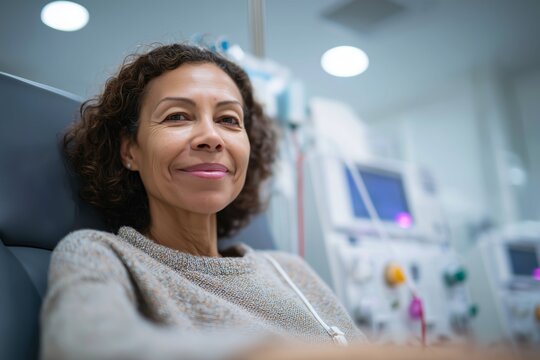 A confident woman receiving dialysis in a hospital setting, highlighting healthcare and medical technology assistance.