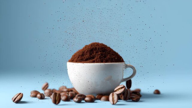 Coffee beans and ground coffee in a white cup create a dynamic scene with floating coffee particles and scattered beans on a blue background, emphasizing the brewing process