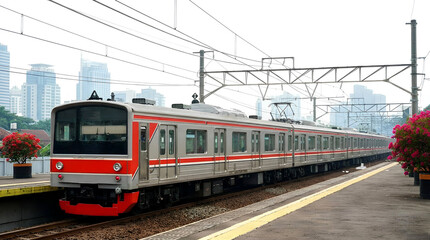 Close Up Side Profile of KRL Indonesia Jabodetabek Commuter Line Train at Platform, Kereta Api Indonesia Electric Multiple Unit in Jakarta City Station, Public Transport Daily Commute