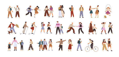 Obraz na płótnie Canvas Set of happy school kids. Tiny people with backpacks are cycling, running, having fun. Children in uniform walk. Diverse students ride, go, hug. Flat isolated vector illustrations on white background.
