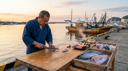 Fisherman cleaning fish harbor sunset boats