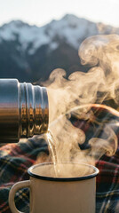 Hot coffee pour thermos snowy mountains