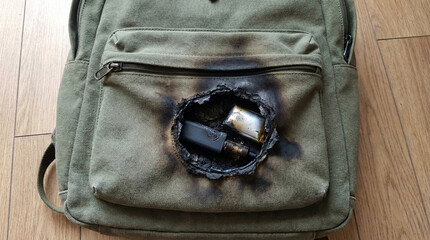 Burnt hole in military backpack with damaged phone inside destruction concept