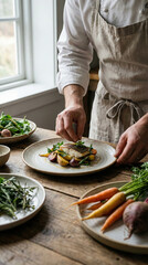 Chef plating gourmet dish with fresh vegetables herbs fine dining kitchen