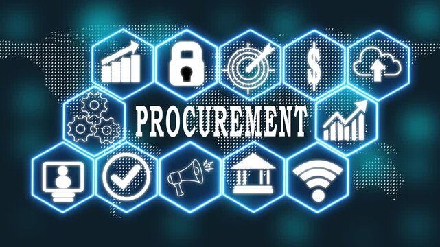 Digital PROCUREMENT Concept with Glowing Blue HUD Icons Showing Policy Management, Cyber Security, Data Protection, Financial Regulation, Smart Infrastructure, E Government Services, Compliance