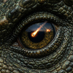 Close-up dinosaur eye with fiery orange reflection dramatic texture