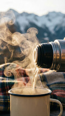 Steaming hot drink poured from thermos into mug with snowy mountains