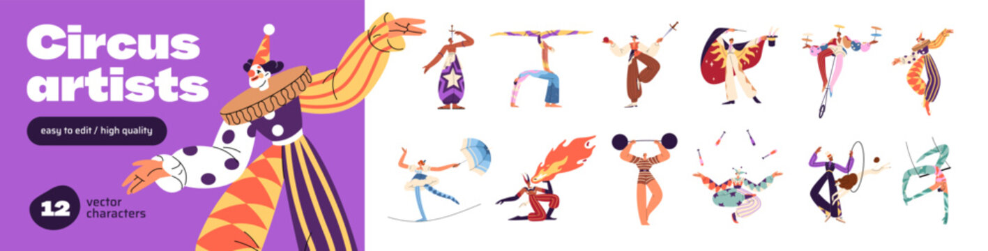 Circus artists set. Funny clowns, acrobats, magicians and juggling men show in comic performance. Different performers of the cirque stage. Flat isolated vector illustrations on white background.