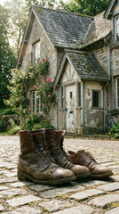 Old leather boots on cobblestone path outside cottage