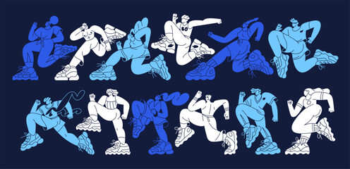 Blue silhouettes of jogging people set. Athletes run in sports competitions. Runners are rushing. Joggers contest in marathon or sprint, cross finish line. Flat isolated contour vector illustrations. © Paper Trident