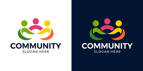 Obraz na płótnie Canvas Creative community logo design. People family together human unity logo and team work design graphic vector illustration. Symbol, icon, creative.