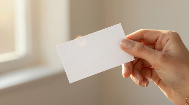 Hand holds blank business card by the window during late afternoon light in a simple interior space