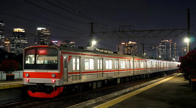 Side View of KRL Indonesia Jabodetabek Commuter Line Train at Night Station, Kereta Api Indonesia Passenger Railway Service in Jakarta City, Urban Transportation System Night Photography