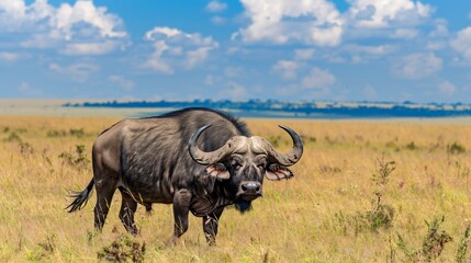 Obraz premium A majestic African buffalo stands proudly in a sunlit savanna with a cloudy blue sky