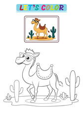 Obraz premium Camel standing in desert scenery as an educational animal coloring page. Fun illustration for kids, ideal for coloring books and learning activities. Main object and background are separated.