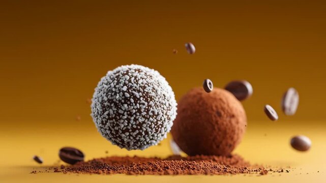 Chocolate truffles coated in coconut flakes and cocoa powder float above a bed of cocoa powder with coffee beans scattered in a vibrant yellow background setting