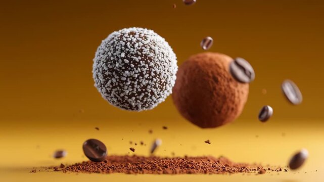 Chocolate truffles coated in coconut and cocoa powder float above a mound of cocoa powder with coffee beans scattered around, creating a visually appealing dessert scene