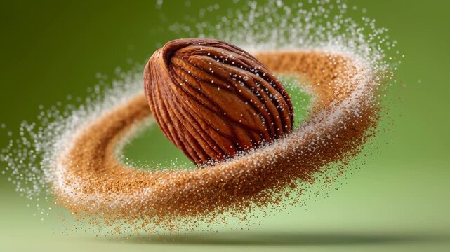 Almond nut rotating in a circular motion surrounded by a ring of fine brown powder, with a blurred green background enhancing the visual focus on the nut's texture and details
