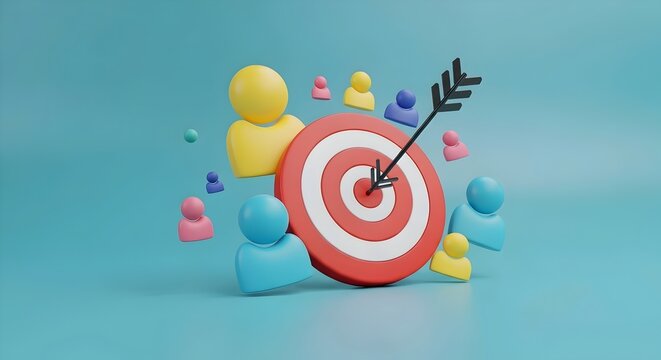 Colorful target audience concept with arrow hitting bullseye.