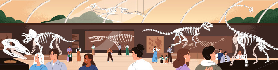 Paleontology museum. Exposition of dinosaurs and archaeological discoveries. People look at exhibits, skeletons of extinct animals, ancient fossils, remains of Jurassic era. Flat vector illustration. © Paper Trident