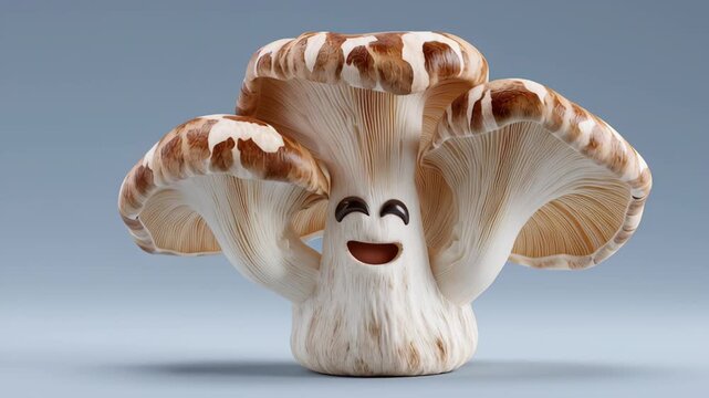 Cartoon-style mushroom character with a smiling face transitions to a surprised expression, showcasing its unique features and textures against a simple gray background