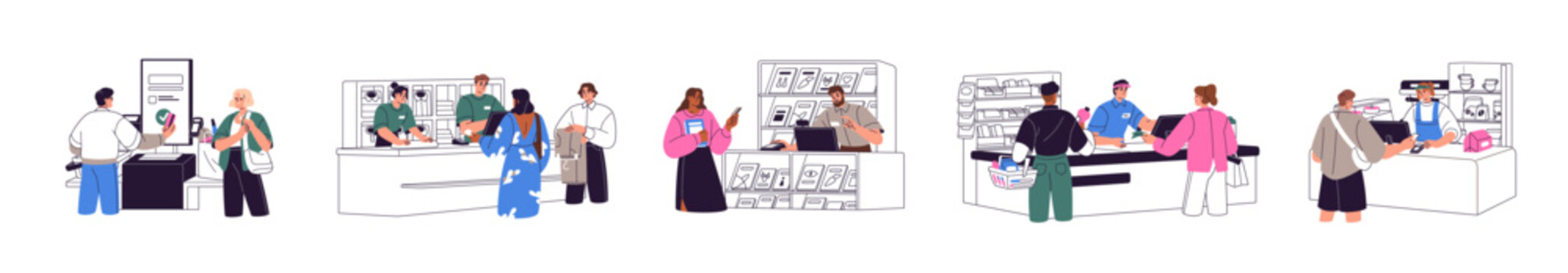 People pay for purchases set. Customers buy goods and products in store. Buyers do payment with card and cash by till and self service checkout in shop. Flat isolated vector illustration on white.