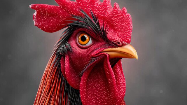 Red rooster with vibrant plumage and striking features, showcasing detailed textures and colors, set against a blurred dark background emphasizing its prominent profile and unique characteristics