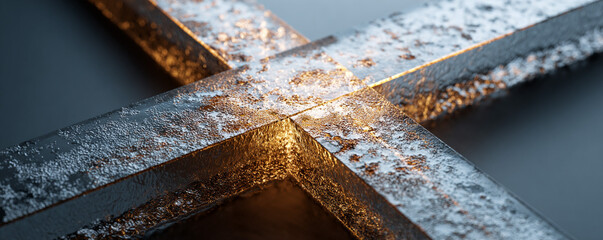 Frosted glass and steel cross-frame detail shot with soft lighting 32k ultra HD