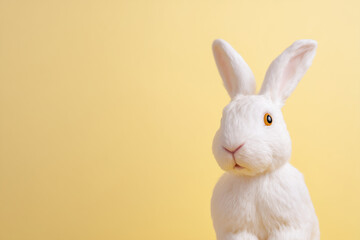 Obraz premium Cute white plush rabbit toy with orange eyes isolated on a soft yellow background. Minimalist concept for Easter, childhood, nursery decor, or soft toys.