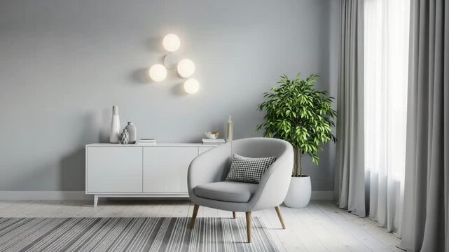 Modern living room interior with gray chair and green plant on white wooden floor and gray wall