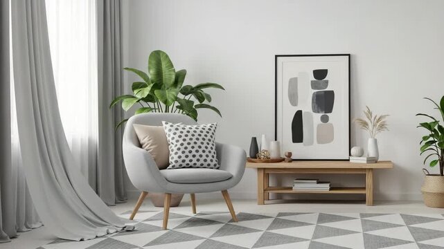 A serene and stylish living room with a gray chair, wooden table, and decorative plants on a geometric patterned rug