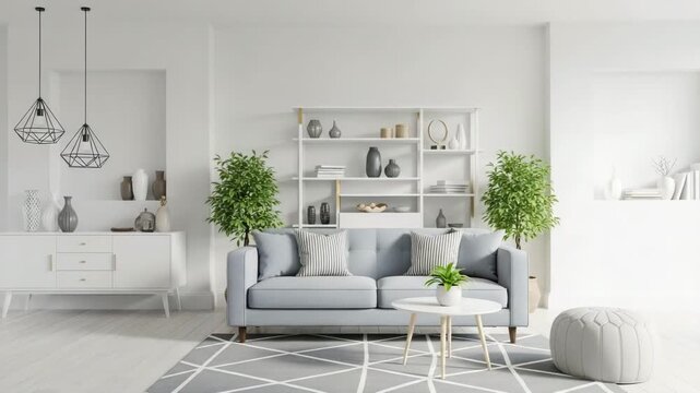 Modern living room interior with gray couch and white furniture on white background