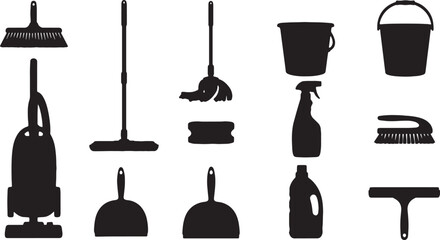 black silhouette cleaning tools icons set, including vacuum, mop, broom, bucket, spray bottle, scrub brush, for mockup or design overlay, Isolated on transparent background, png