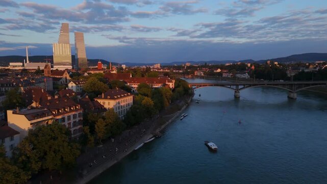 Basel city drone sunset