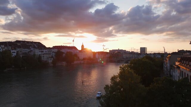 Basel city drone sunset