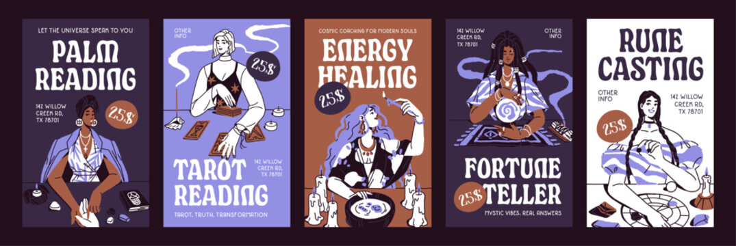 Fortune telling services set. Designs of advertising posters of tarot and palm reading, divinations of destiny, prophecy. Promotions of fate tellers, oracles, clairvoyants. Flat vector illustrations.