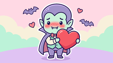 Obraz premium Cute Kawaii Vampire Illustration Blushing and Holding a Red Heart for Valentine's Day