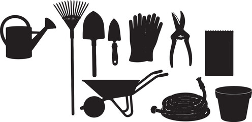 Gardening tools icons, including watering can, rake, trowel, gloves, pruners, wheelbarrow, hose, bucket, isolated on transparent background, png