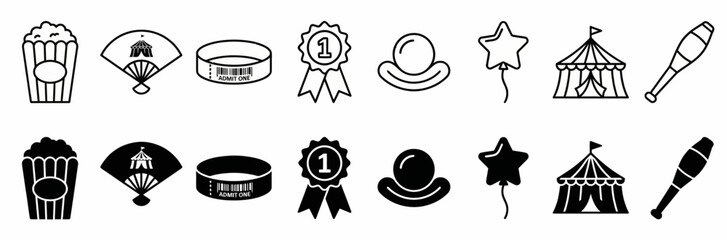 Circus and Carnival Icon Set with Big Top Tent Popcorn Clown and Star Balloon © Tharusha