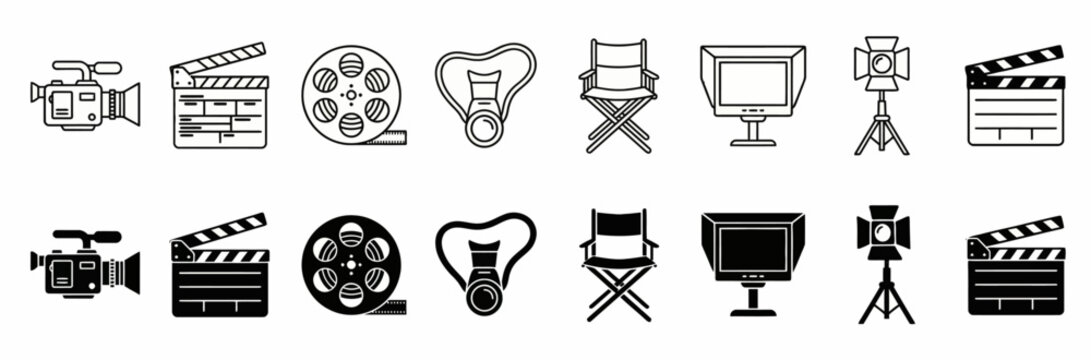 Film Production and Cinema Icon Set with Movie Camera Clapperboard and Director's Chair
