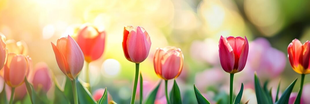 Pink tulips blooming in spring garden with sunlight