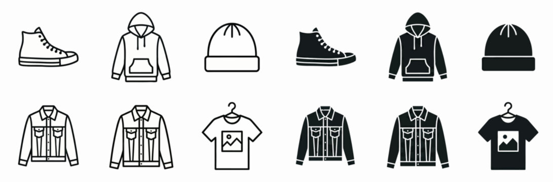 Streetwear and Casual Apparel Icon Set with Hoodie Sneaker Denim Jacket and T-shirt