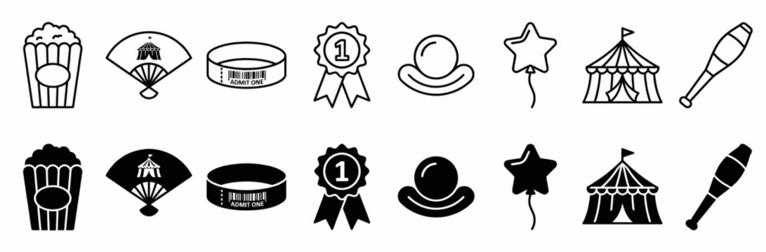 Circus and Carnival Icon Set with Big Top Tent Popcorn Clown and Star Balloon