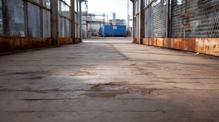 Fototapeta premium Low angle view of a weathered textured industrial walkway with rusted fences and distant structures under daylight